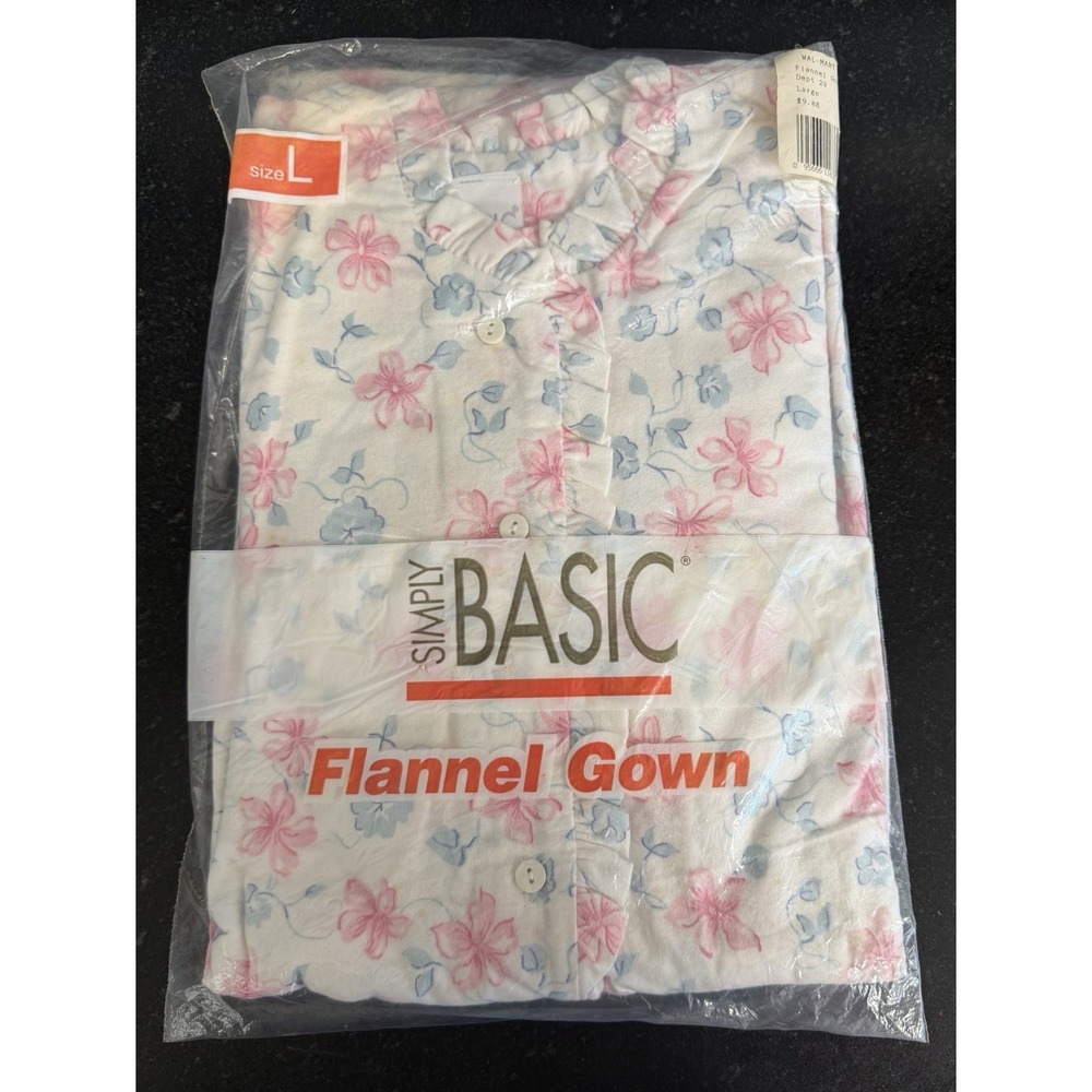 Vtg 90s Cottagecore Flannel Nightgown Floral Pink Blue‎ USA L NOS Simply Basic